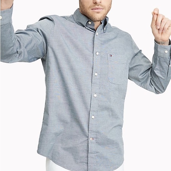 Tommy Hilfiger Classic Fit Button Down Blue Gray Textured Print Button Collar XL - Picture 1 of 9